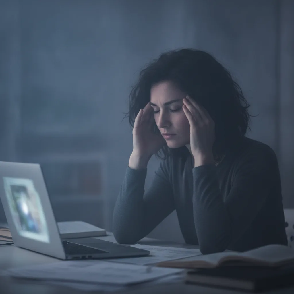 Woman rubbing temples with cognitive fog visual metaphor, indoor dim lighting